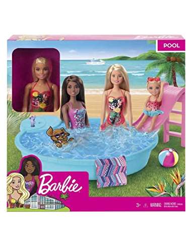 Barbie con piscina, tobogan y accesorios